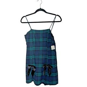 Altar’d State Sleeveless Navy & Green Plaid Bow Skort Dress S Preppy Coquette